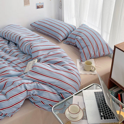 Simple Style Red And Blue Stripe Duvet Cover Set Bed Flat Sheet Set Washed Cotton Bedding Set for kids adult