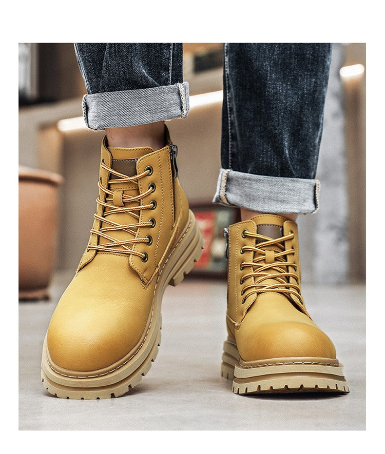 New winter men's shoes rain boots motorcycle leather shoes plush warm outdoor leisure high-top lace-up women's boots