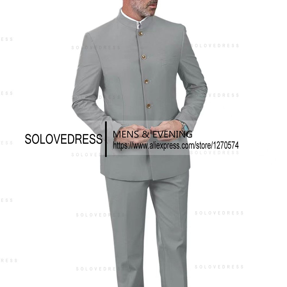 Classic 2 Piece Men's Slim Fit Solid Color Stand Collar Wedding Suit (Blazer+Pants?