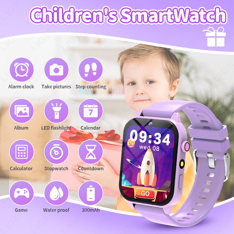2025 New Children Smart Watch Alarm Clock LED Flashlight Waterproof Kid Watches HD Camera Take Photo Puzzle Game Smartwatch Girl