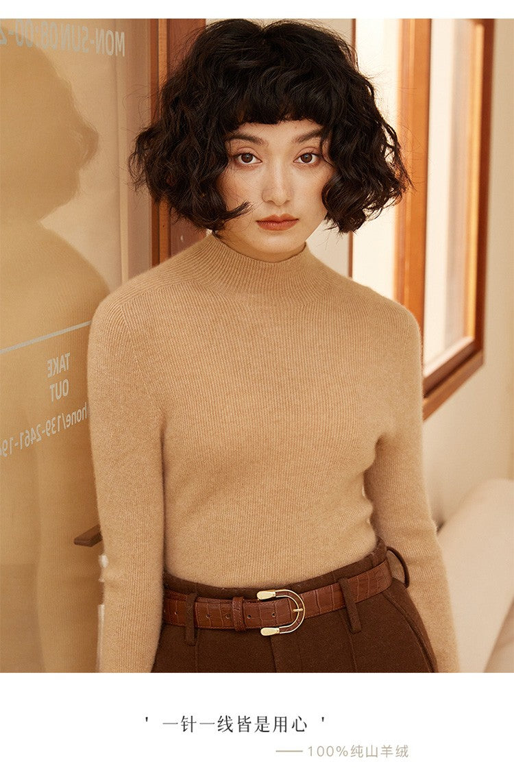 Autumn and winter new women's 100% pure cashmere semi high neck pullover sweater knitted slim fit hot selling women's top