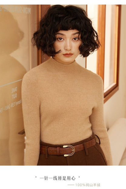 Autumn and winter new women's 100% pure cashmere semi high neck pullover sweater knitted slim fit hot selling women's top