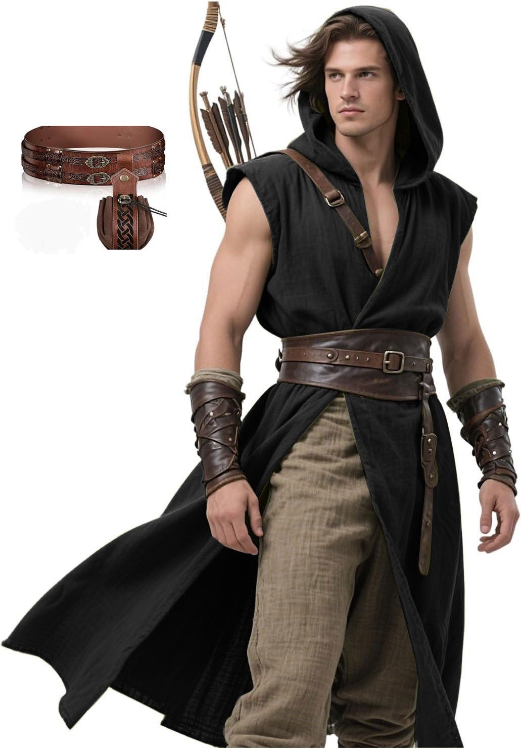 Men's Medieval Hooded Surcoat Renaissance Tabard Sleeveless Tunic Cloak Viking Costume Holloween Assassin Cosplay