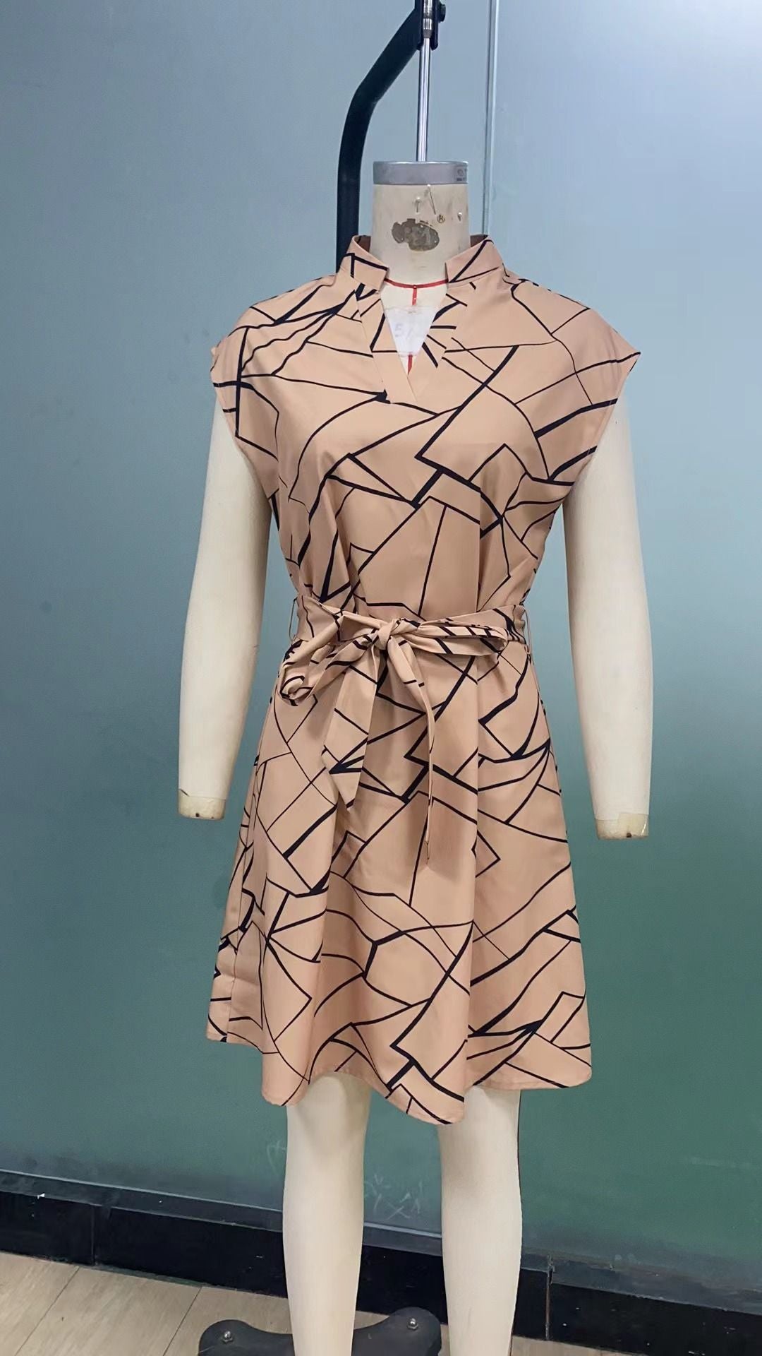 Women's Dresses Geometric Printed Elegant Casual v Neck Short Sleeve Summer Dresses Fashion Ladies Lace up dress Vestidos