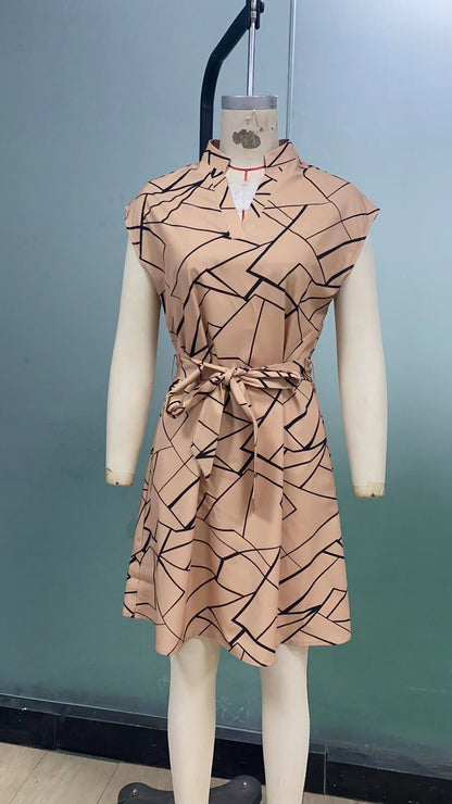 Women's Dresses Geometric Printed Elegant Casual v Neck Short Sleeve Summer Dresses Fashion Ladies Lace up dress Vestidos