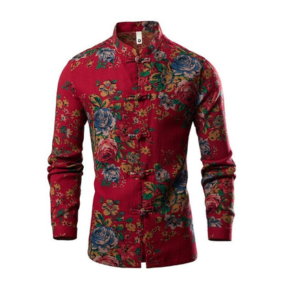 Chinese Style Men's Long-sleeved Printed Shirt, Single-breasted Stand-up Collar Shirts, Fashion Casual Top Camisas, Size M-6XL