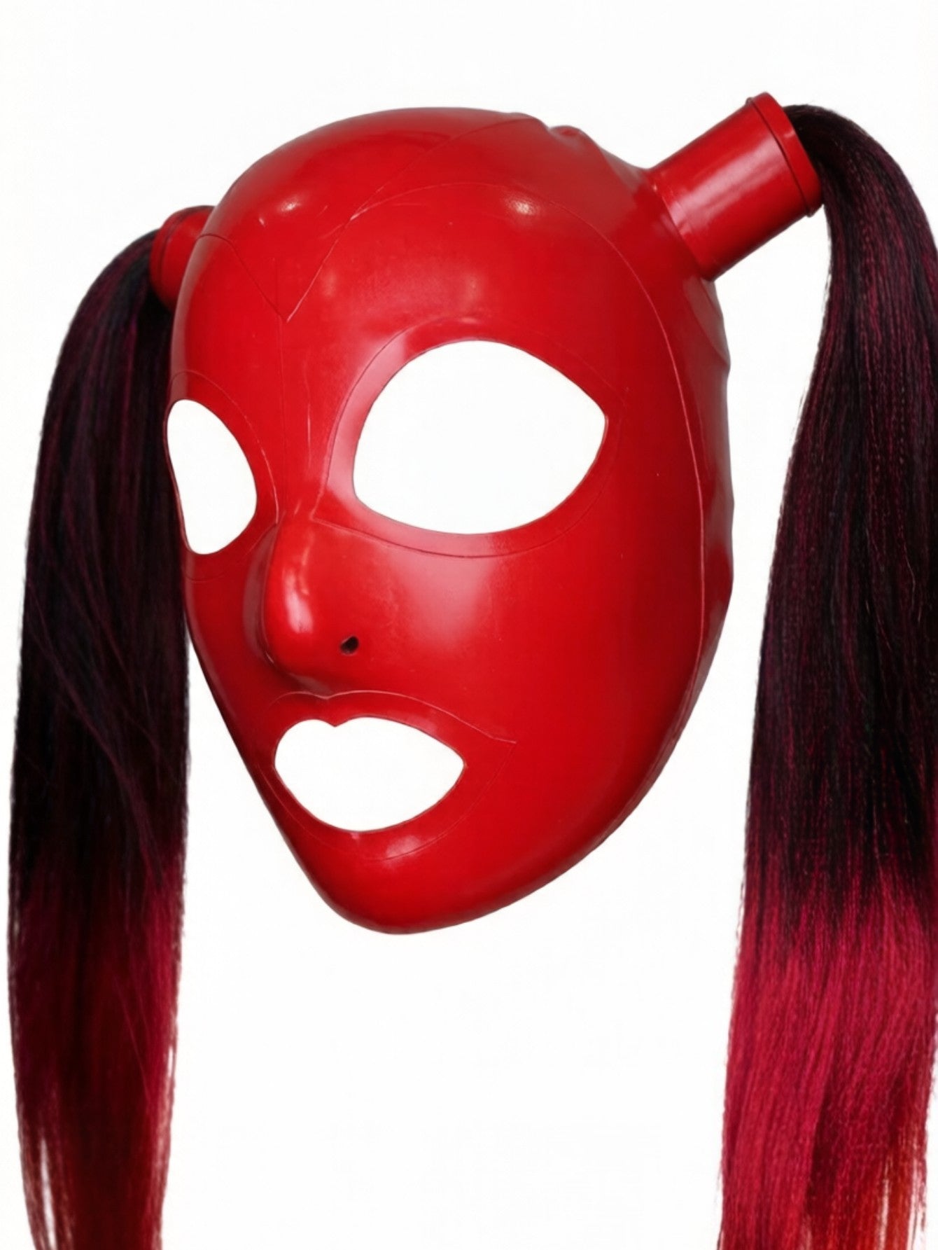 Red Rubber Hood Mask Women with Ombre Pigtails Breathable Open Rubber Design Cosplay