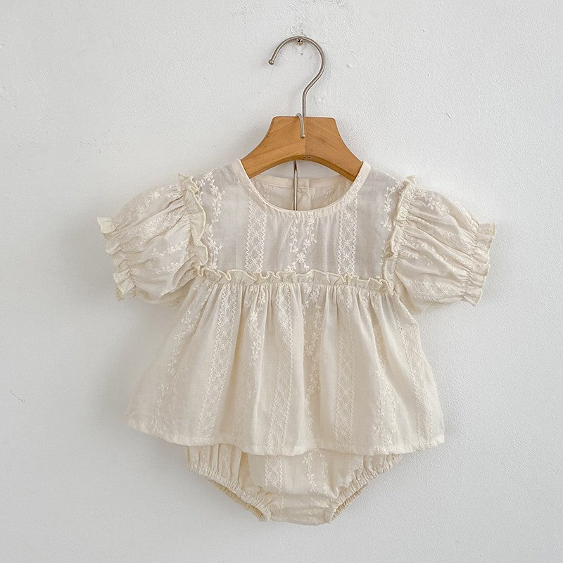 Girls Summer Fashion Set Children's Embroidered Grid Puff Sleeve Top+Shorts Two Piece Cute Baby Girls Clothes Set Baby Clothes