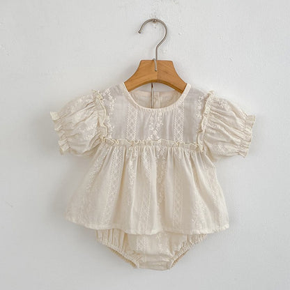 Girls Summer Fashion Set Children's Embroidered Grid Puff Sleeve Top+Shorts Two Piece Cute Baby Girls Clothes Set Baby Clothes