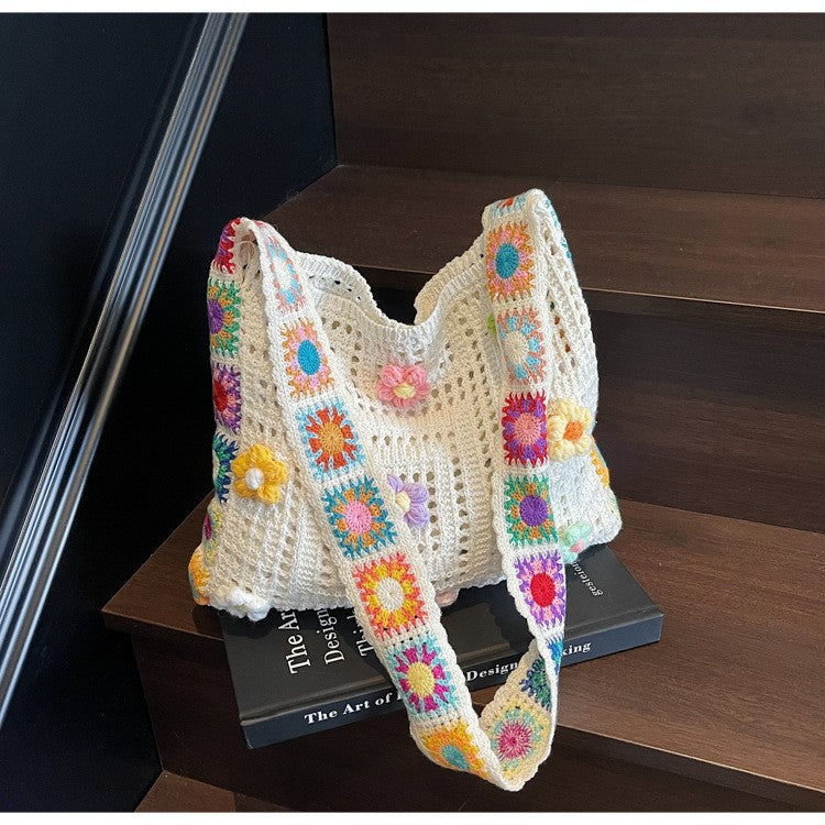 Women's Boho Crochet Bag Designer Flowers Knitted Handbags Large Capacity Summer Beach Woven Shoulder Bag Girls Tote Shopper Bag