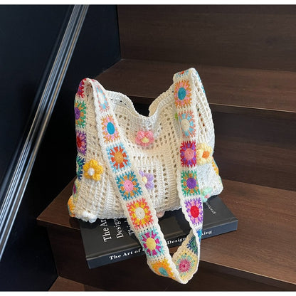 Women's Boho Crochet Bag Designer Flowers Knitted Handbags Large Capacity Summer Beach Woven Shoulder Bag Girls Tote Shopper Bag