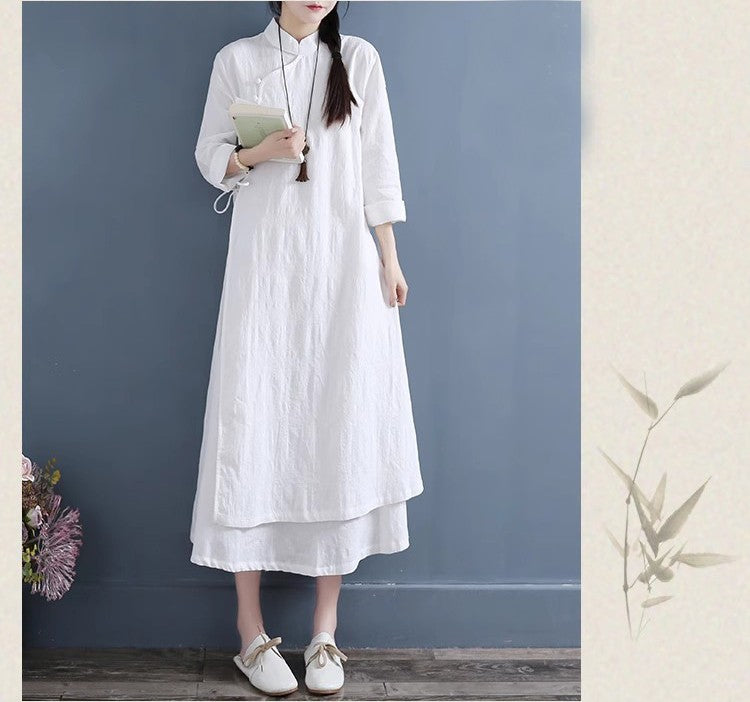 NYFS 2025 Spring Autumn New Womens Dresses Vestidos Robe Elbise Loose Plus Size Cotton Linen Double Layer Long Dress
