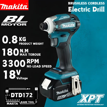 2025 Parafusadeira de Impacto a Bateria Makita DTD172 18V LXT BL Motor sem Escovas 180 N·M Ferramentas Elétricas Furadeira para Madeira Parafuso T-Mode