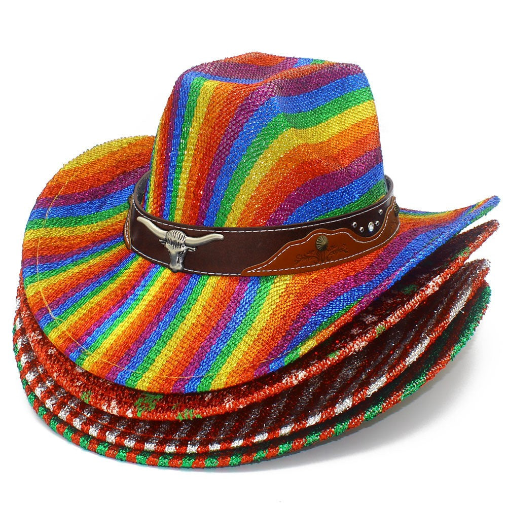 Striped Print Fedora Hats Cowboy Cowgirl Hat for Women Men Curl Wide Brim Western Bronzing Cloth Cap for Party Halloween Caps