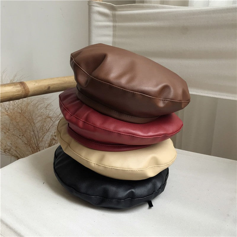 Women Girl Beret Hat French Retro Artist Beanie Hat Elegant Solid Color PU Leather Lady Painter Cap Spring Autumn Lady Berets