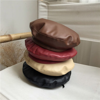 Women Girl Beret Hat French Retro Artist Beanie Hat Elegant Solid Color PU Leather Lady Painter Cap Spring Autumn Lady Berets