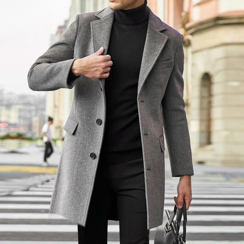 British Style Men Woolen Coat Flap Pockets Single breasted Elegant Men Trench Coat Mid length Long Winter Warm Overcoat