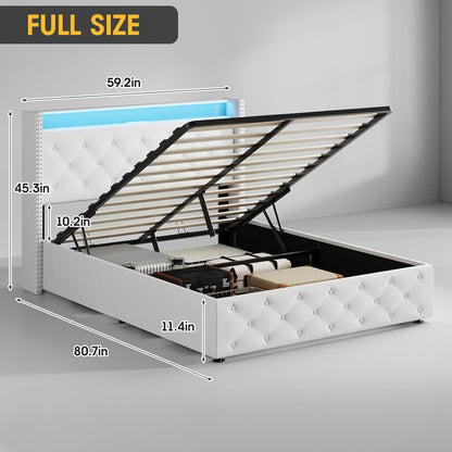 Full Size Bed Frame with LED Headboard & Lift Up Storage, Velvet Upholstered Platform Bed Frame with Led Light and Charg