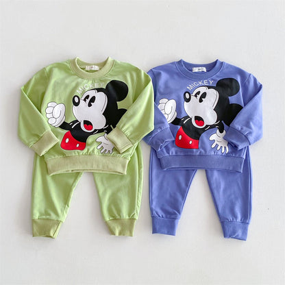 Disney Mickey Children' Tracksuit Cartoon Fashion Loose Baby Girl Boy Long Sleeve Crewneck Hoodies + Pants Two Piece Set Clothes
