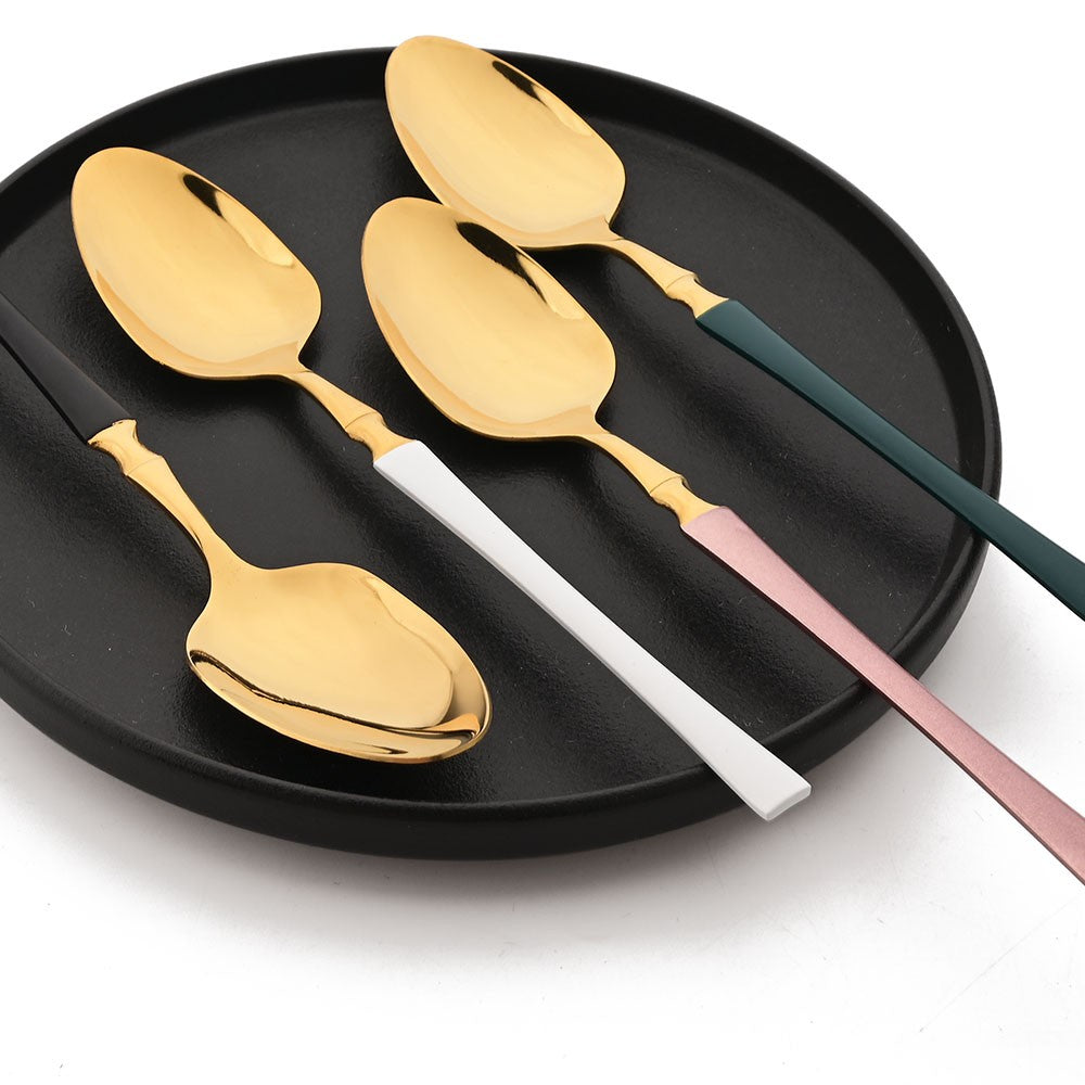 JANKNG 24Pcs White Gold Tableware Set Stainless Steel Dinnerware Spoon Fork Knife Cutlery Kitchen Food Flatware Silverware Set
