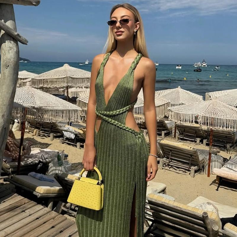 Sexy Knit High Slit Backless Long Dress Women Green Ribbed Hollow V-neck Dresses