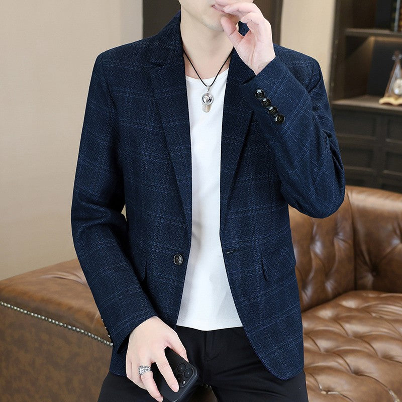 Blazer's New Men's Fashion Outdoor Travel Camping Youth Wedding Hosting Campus Slimming Casual Checkered Korean Version Blazer