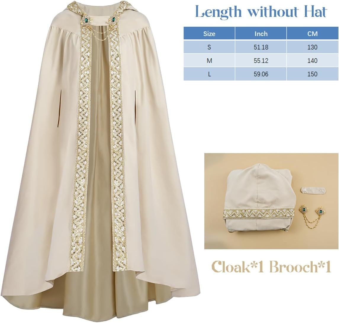 Elegant Medieval Hooded Floor Length CloakTrim Cape Chain Brooch for Adult Wedding Photoshoot Halloween Gothic Cosplay Costume