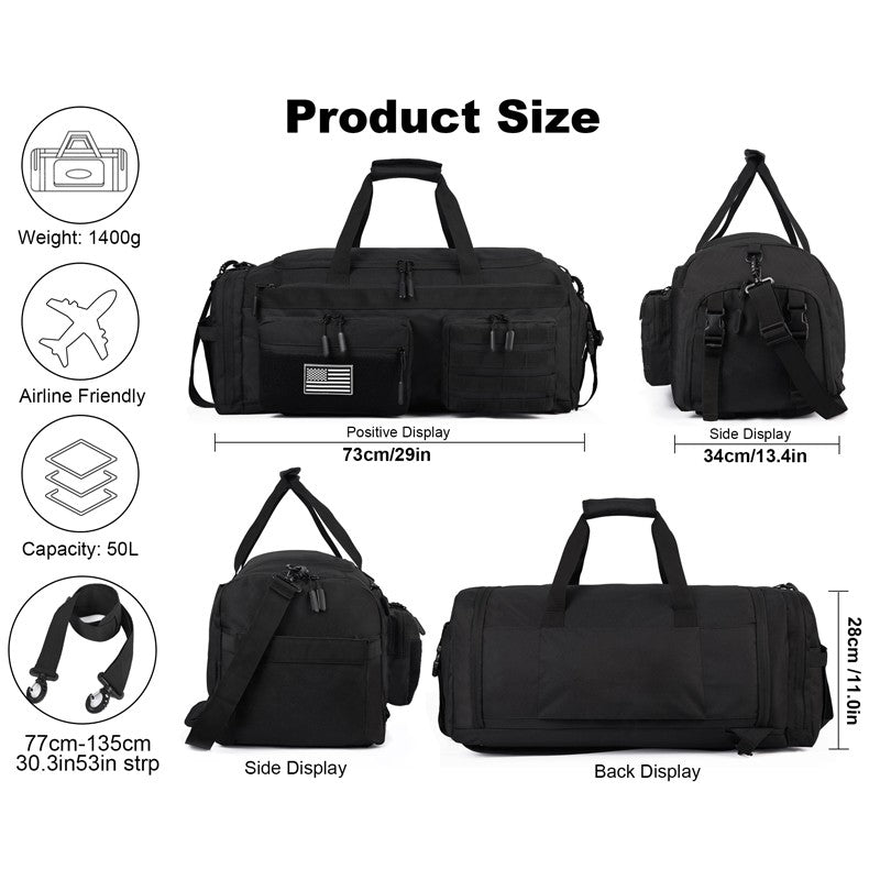 LHI 50L 3 in 1 Travel Duffle Bag Men Large Gym Sports Bags Tactical Military Duffle Backpack with Shoes Compartment & Wet Pocket