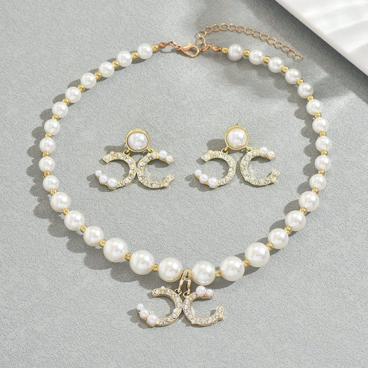 Chic Imitation Pearl & Rhinestone Letter Necklace Dangle Stud Earrings Women's Elegant Wedding Party Jewelry Set