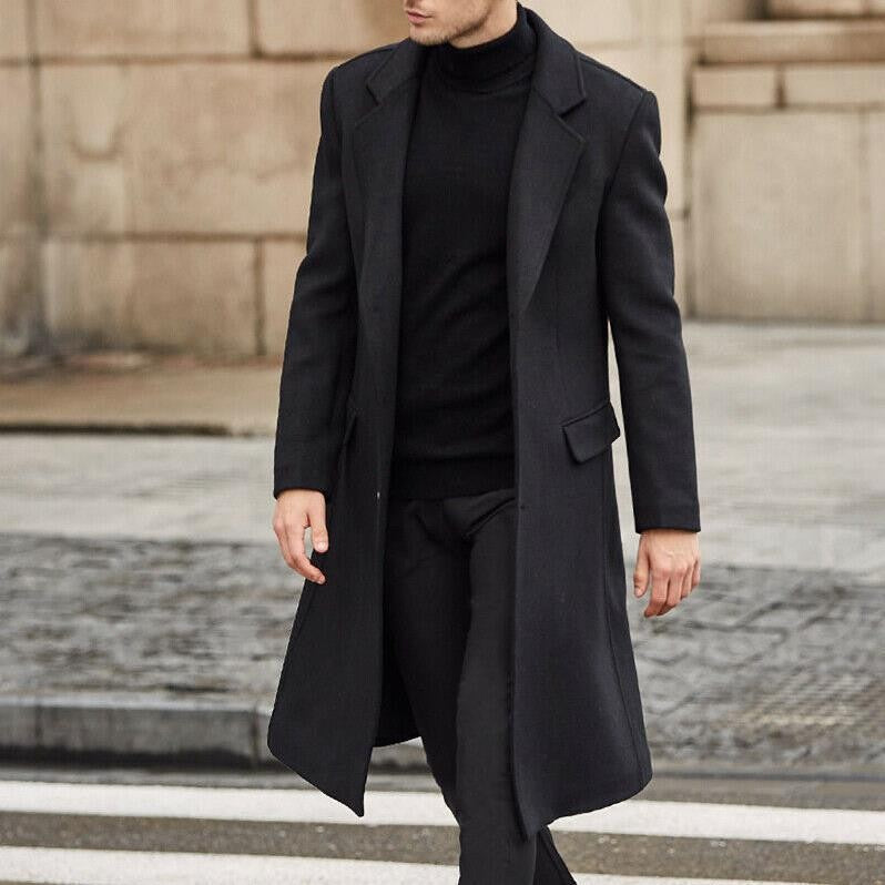 Solid Overcoat Single Breasted Men Wool Jacket Blends Long Sleeve Turn Down Collar Cardigan Coats Pockets Casual Outerwear