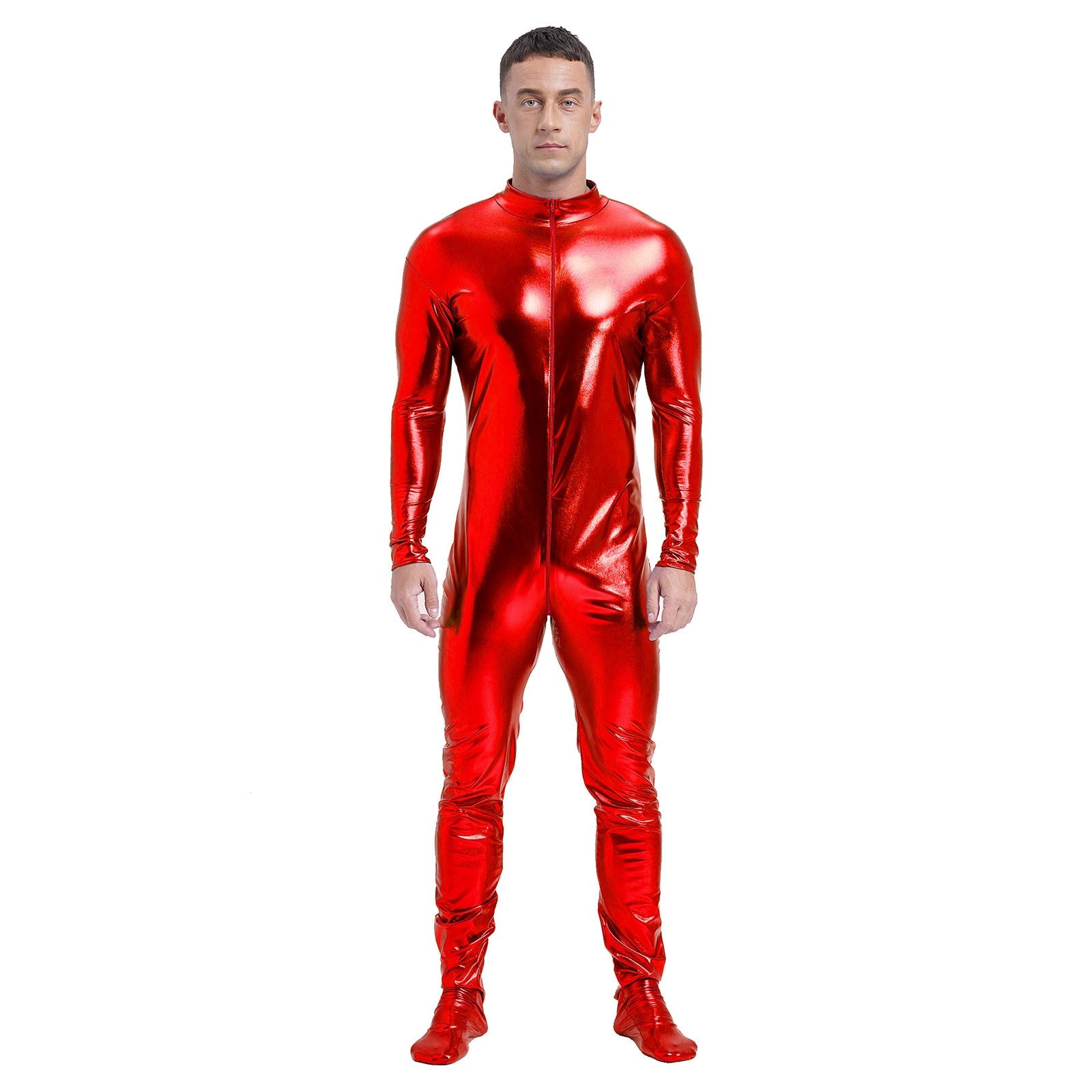 Men's Shiny Metallic Zentai Dress-up Jumpsuit Cosplay Costume Performance Stage Disco Clubwear Full Body Unitard Tights Leotard