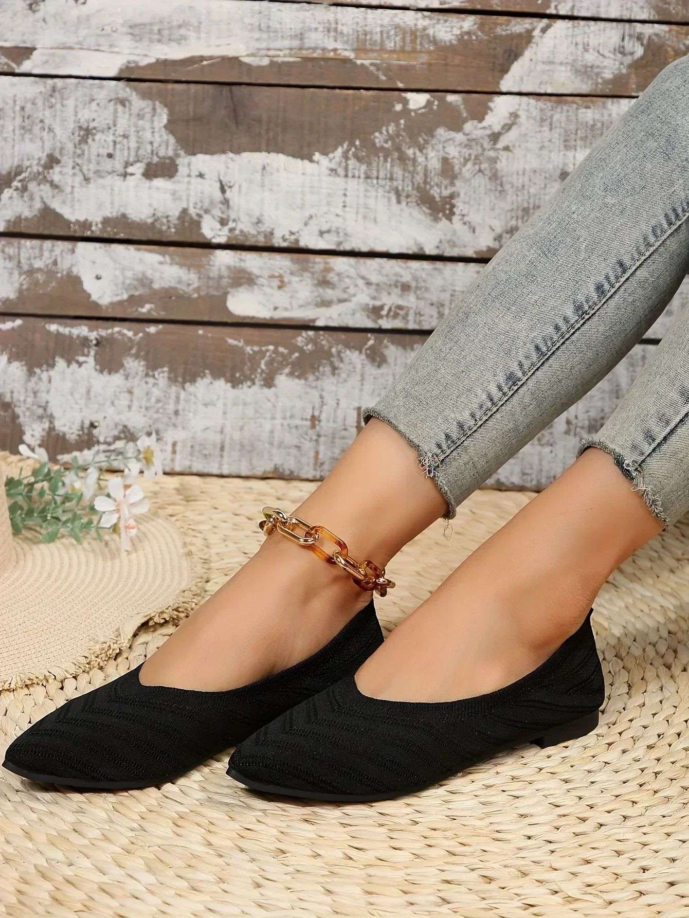 New 2024 Pointed Toe Flat Office Boat Solid Color Knitted Slip on Shoes Casual Ballet Flats Shoes Women Loafers Zapatos De Mujer