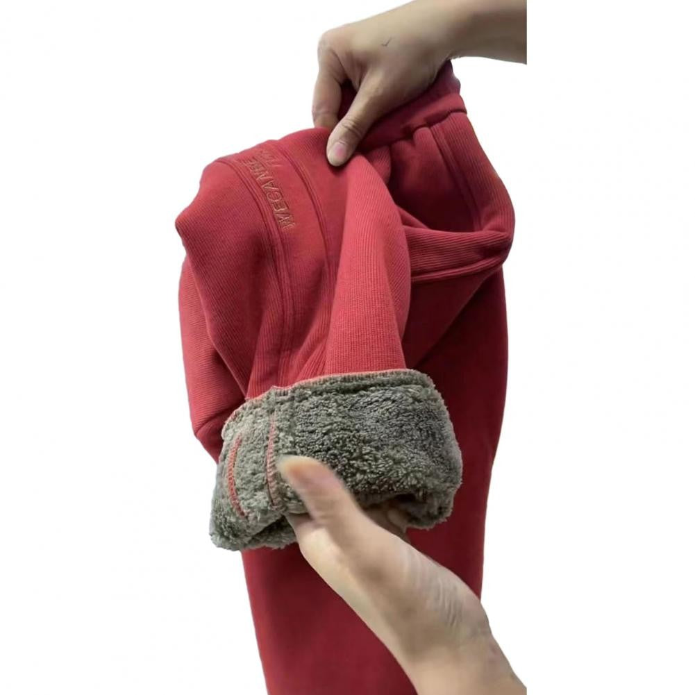 Women Autumn Winter Warm Sweatpants High Waist Drawstring Pockets Solid Color Casual Trousers Fleece Lining Thick Harem Pants