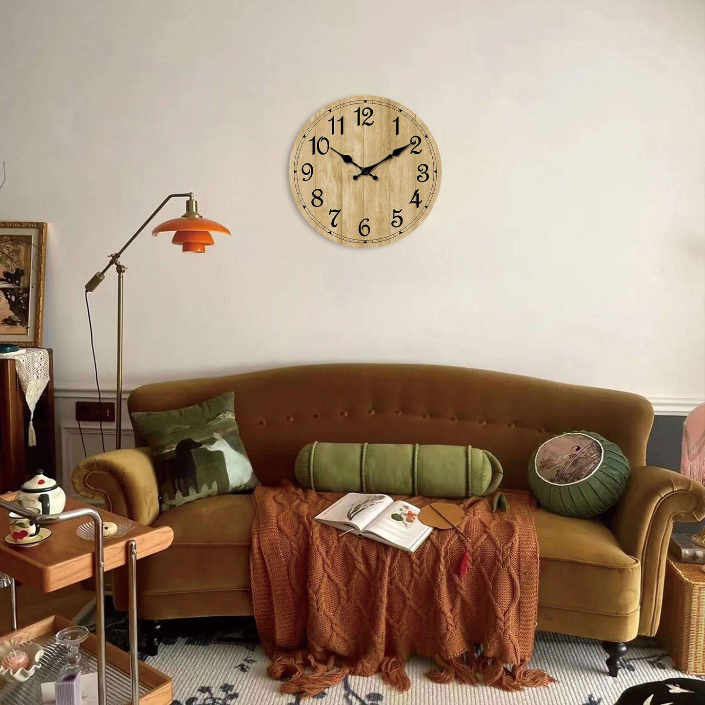 Modern silent quartz wooden wall clock - imitation wood color wood texture design simple wall clock, suitable for living room, b