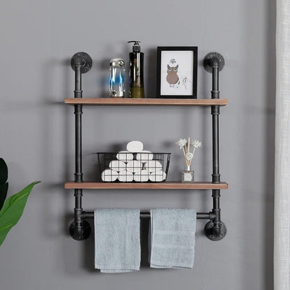 Industrial Pipe Style Wall Mounted Floating Shelves - 2-Tier 24 Rustic Wood Bathroom Shelf with Towel Rack