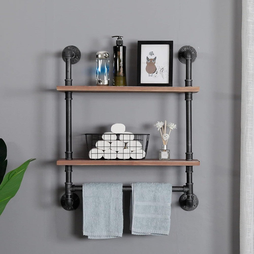 Industrial Pipe Style Wall Mounted Floating Shelves - 2-Tier 24 Rustic Wood Bathroom Shelf with Towel Rack