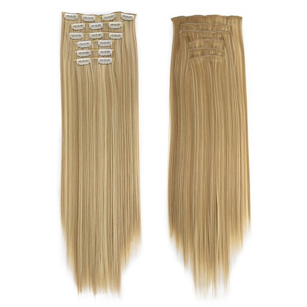 16 Presilhas em Extensões de Cabelo 60cm de Comprimento Liso Sintético Loiro Preto Peças de Cabelo Resistente ao Calor Cabelo Falso 6 Peças/Conjunto
