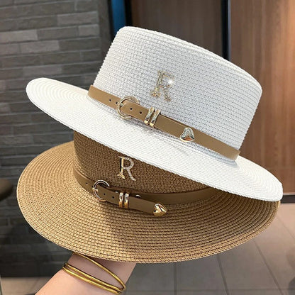 Rhinestone Straw Hat Women's Summer Beach Sunshade Hat Braided Straw Sunblock Hat French Belt Vintage Top Hat Sun Hats For Women