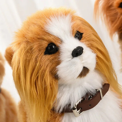 Novo brinquedo de simulação de cachorro elétrico com controle de voz, que anda, acena a cabeça, toca música e é um robô de pelúcia para crianças.