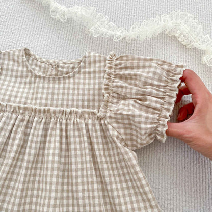 Girls Summer Fashion Set Children's Embroidered Grid Puff Sleeve Top+Shorts Two Piece Cute Baby Girls Clothes Set Baby Clothes