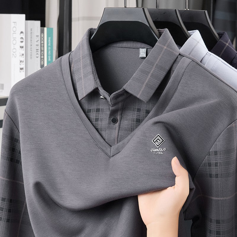 TFETTERS Business Men Polo Shirt 2025 Fashion Casual Slim Long Sleeve T Shirt Men Pullover Printed Plaid Shirts for Man Clothing