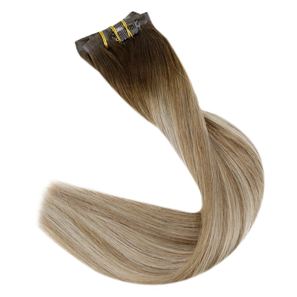 Full Shine PU Clip Hair Extensions Cabelo Humano Remy 100g Extensões Invisíveis Sem Costura de Cabelo Humano Clip-In Cor Balayage Loiro