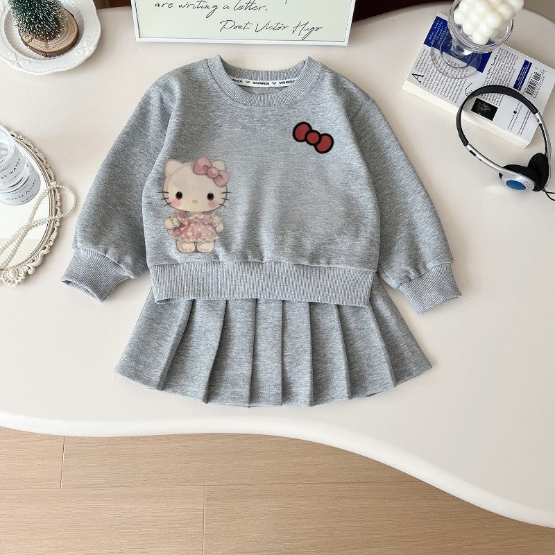 Autumn Baby Girls Clothes Set Kid Hello Kitty Printed Sweatshirts Pullover Top&Pleated Skirt 2pc Children Preppy Style Tracksuit