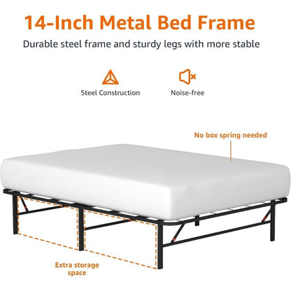 Folding Metal Bed Frame with Storage, Sturdy Steel, No Box Spring Needed, 14 Inches High, Easy Assembly