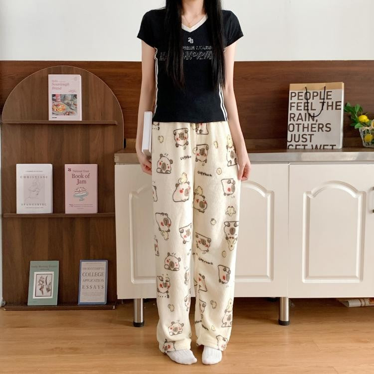 Anime Stitch Plush Pajama Pants Sanrio Kawaii Hello Kitty Cute Women Winter Warm Student Sleeping Pants Loose Casual Home Pants