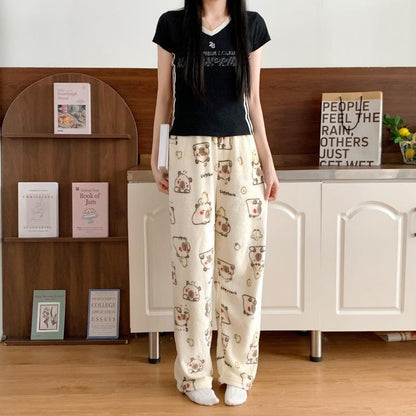 Anime Stitch Plush Pajama Pants Sanrio Kawaii Hello Kitty Cute Women Winter Warm Student Sleeping Pants Loose Casual Home Pants