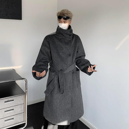 Men's Double-Breasted Wool Blend Overcoat with Belt Loose Fit Solid Color Stand Collar Mid-Length Trench Coat for Autumn Winter