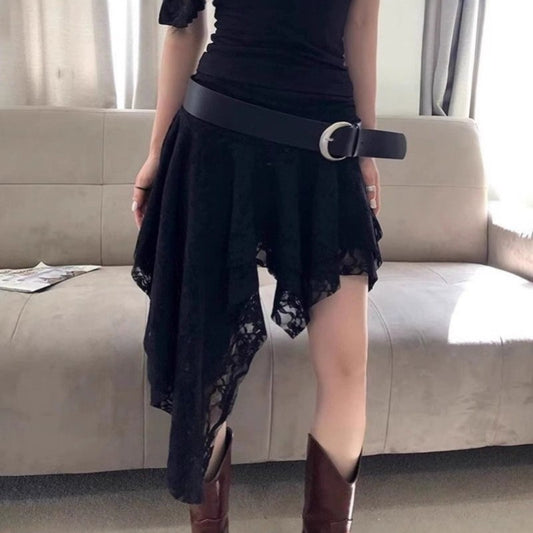 French Style Layered Lace Midi Skirt with Asymmetric Hem White Elegant Semi Formal Women Skirt Unique Design