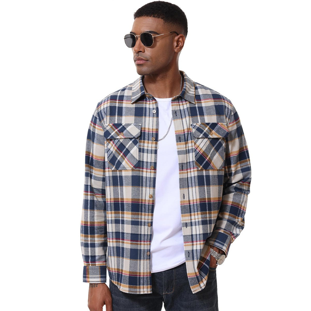 MAGCOMSEN Flannel Shirts Men's Long Sleeves Cotton Long Sleeve Plaid Shirt with 2 Pockets Button Down Casual Corduroy Shirt Male