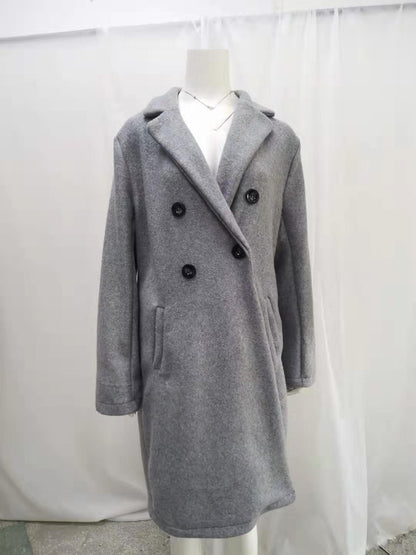 2024 European and American New Solid Color Lapel Mid length Button Woolen Coat for Women